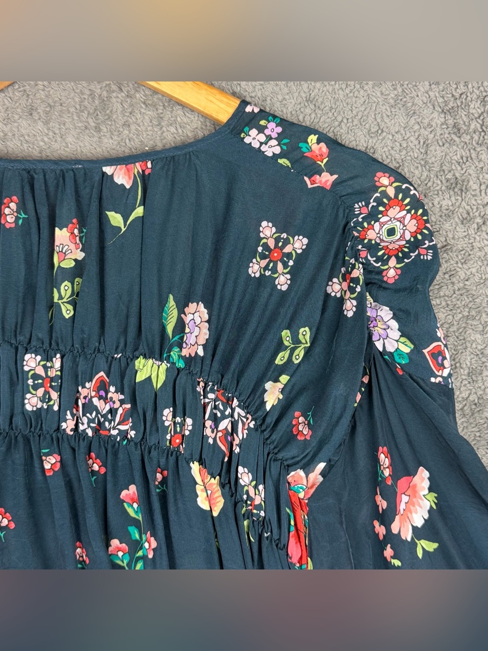 Johnny Was • Navy Blouse w/ Beaded & Tassel Ties • Medium Long Sleeve Colorful - Picture 8 of 11
